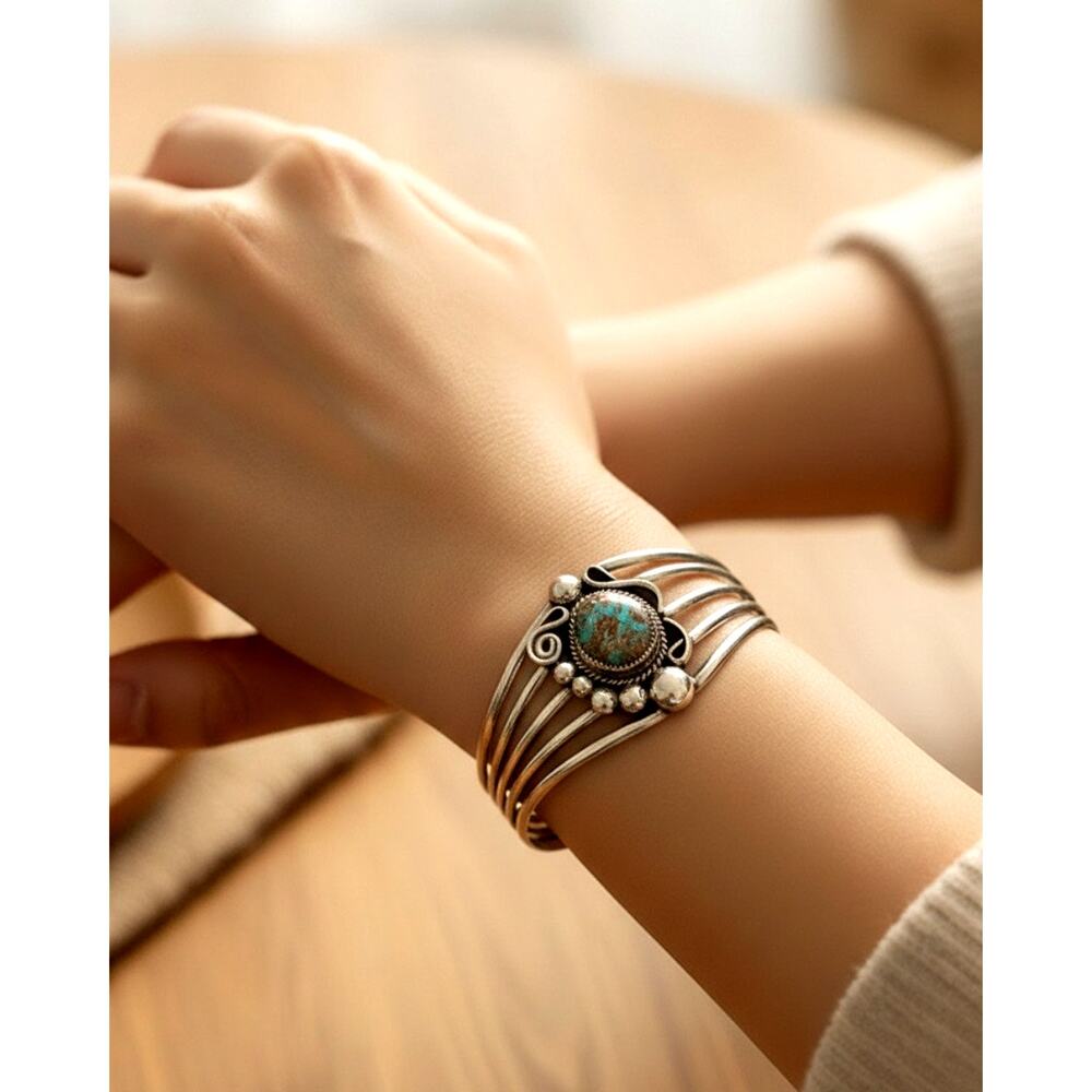 Navajo Ray Nez Sterling Silver Turquoise Cabochon Cuff Bracelet